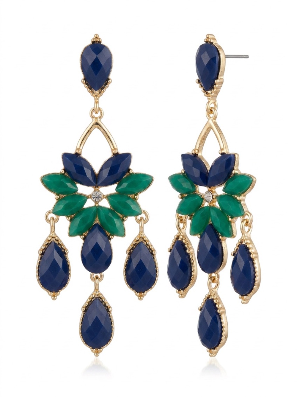 Boho Green and Blue hippie Flower Chandelier Drop Earrings